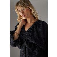 Warehouse Women's Blouson Broderie Top With Grown On Sleeve in Black | Size: 12