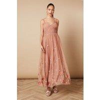 Oasis Women's Hand Embellished Floral Detail Tulle Midi Dress in Dusky Pink | Size: 12