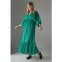 Warehouse Women's Broderie Plunge Neck Volume Sleeve Smock Midi Dress in Bright Green | Size: 12