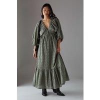 Warehouse Women's Petite Broderie Plunge Neck Volume Sleeve Smock Midi Dress in Khaki | Size: 14