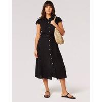 Apricot Women's Linen Blend Belted Shirt Midi Dress in Black | Size: 10
