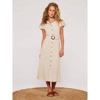 Apricot Women's Linen Blend Belted Shirt Midi Dress in Stone | Size: 8