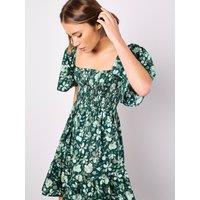 Apricot Women's Smocked Cotton Floral Mini Dress in Green | Size: 14