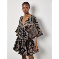 Apricot Women's Satin Scarf Print Kaftan Mini Dress in Black | Size: 14