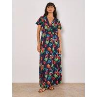 Apricot Women's Tropical Print Wrap Maxi Dress in Navy | Size: 14
