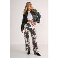 NastyGal Women's Cow Print Straight Leg Denim Jeans in Off-White | Size: 6