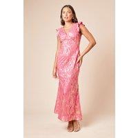 Dorothy Perkins Women's DP Luxe Metallic Frill Shoulder Maxi Dress in Dusky | Size: 12