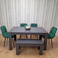 KOSY KOALA Grey Dining Table & 4 Green Velvet Tufted Chairs with 1 Bench in Dark Grey