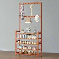 Modcraft Large Wooden Hat & Coat Stand with 5 Tiers & Shoe Rack in Brown