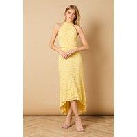Oasis Women's Lace Detail High Low Halterneck Midi Dress in Lemon | Size: 14