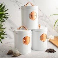 Cooks Professional 3-Piece Tea Coffee & Sugar Storage Canisters Bins with Copper Labels in White
