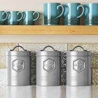 Cooks Professional 3-Piece Tea Coffee & Sugar Storage Canisters Bins with Silver Labels in Grey