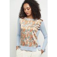 Silk Blend Boatneck Printed-Front Top
