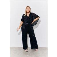 In The Style Women's Black Sequin Cape Style Wide Leg Jumpsuit | Size: 26