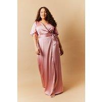 In The Style Women's Satin Wrap Tie Angel Sleeve Maxi Dress in Pink | Size: 16