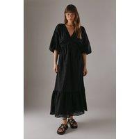 Warehouse Women's Broderie Plunge Neck Volume Sleeve Smock Midi Dress in Black | Size: 8