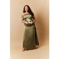 In The Style Women's Satin Bardot Ruched Maxi Dress in Green | Size: 18