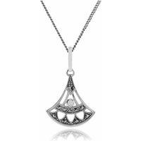 Gemondo Women's Art Deco Style Round Opal & Marcasite Open Work Fan Drop Pendant in 925 Sterling Silver | Size: 18 inches