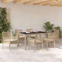7 Piece Garden Dining Set with Cushions Beige Poly Rattan