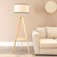 ValueLights Morrigan Natural Wood Tripod Floor Lamp & Linen Trim Shade & Bulb in Black