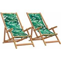 Berkfield Home Folding Beach Chairs 2 pcs Leaf Pattern Fabric & Solid Wood in Green