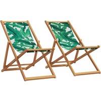 Berkfield Home Folding Beach Chairs 2 pcs Leaf Pattern Fabric & Solid Wood in Green