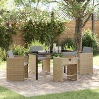 5 Piece Garden Dining Set with Cushions Beige Poly Rattan