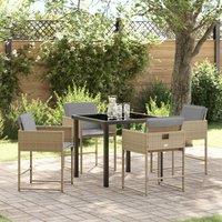 5 Piece Garden Dining Set with Cushions Beige Poly Rattan