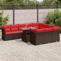 11 Piece Garden Sofa Set with Cushions Brown Poly Rattan Acacia