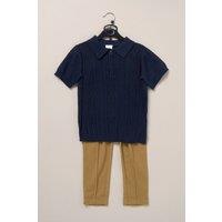 Norn Studios Boy's True Knit Patterned Polo Shirt & Pique Trouser Outfit Set in Dark Navy | Size: 2 Years