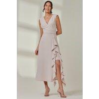 Jolie Moi Women's Wrap Front Frill Detail Maxi Dress in Light Stone | Size: 8