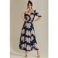 Jolie Moi Women's Daliyah Wrap Front Mesh Maxi Dress in Navy | Size: 10
