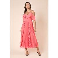 Dorothy Perkins Women's DP Luxe Ruffle Front Cold Shoulder Midi Dress in Coral | Size: 12