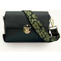 Apatchy London Women's The Bloxsome Black Leather Crossbody Bag With Olive Green Cheetah Strap