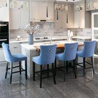 HomeTouch Set of 2 Velvet Bar Stools Kitchen Breakfast Barstools with Wooden Legs Blue | Size: 4 Pack