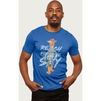 Toy Story Men's Woody Reach For The Sky Disney T-Shirt in Royal | Size: Small
