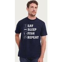 Coto7 Men's Eat Sleep Fish Repeat White Text T-Shirt in Navy | Size: Medium