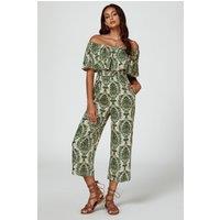 FS Collection Women's Off The Shoulder Print Frill Jumpsuit In Green | Size: XS