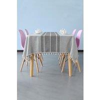 Neel Blue Embroidery Stitch & Fringe Tassels Tablecloth, 140cm x 250cm in Grey | Size: 140 cm x 250 cm