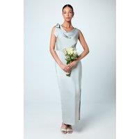 Cowl Detail Tie Shoulder Column Satin Bridesmaid Dress