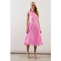 Wallis Women's Petite Occasion One Shoulder Chiffon Pleated Midi Dress in Pink | Size: 18