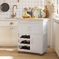 HOMCOM Rolling Kitchen Island Trolley Storage Cart Rubberwood Top Drawer in White