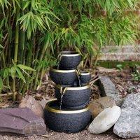 Primrose Solar Power 3 Tier Stacked Bowls Gold Edge Water Feature Cascade LED Lights 46cm in Black