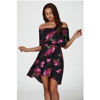 FS Collection Women's Pink Floral Print Bardot Frill Off-Shoulder Mini Dress In Black | Size: XS