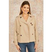 Yumi Women's Beige Cropped Trench Jacket With Pockets & Check Lining | Size: 12