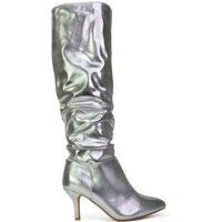 XY London Women's 'Sian' Ruched Knee High Pointed Mid Stiletto Heel Boots in Metallic Silver | Size: 7