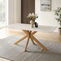 Modish Furnishing Athens White Ceramic Dining Table with Natural Wood Effect Base in Brown