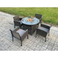 Fimous Outdoor Rattan Garden Furniture Set Gas Fire Pit Round Table Sets Gas Heater with 4 Seater Dining Chairs Dark Grey Mixed