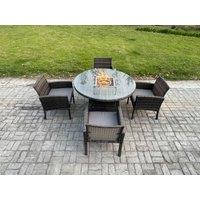 Fimous Outdoor PE Rattan Garden Furniture Set Gas Fire Pit Round Table Sets Gas Heater with 4 Seater Dining Chairs Dark Grey Mixed