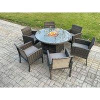Fimous Outdoor Rattan Garden Furniture Set Gas Fire Pit Round Table Sets Gas Heater with 6 Seater Dining Chairs Dark Grey Mixed